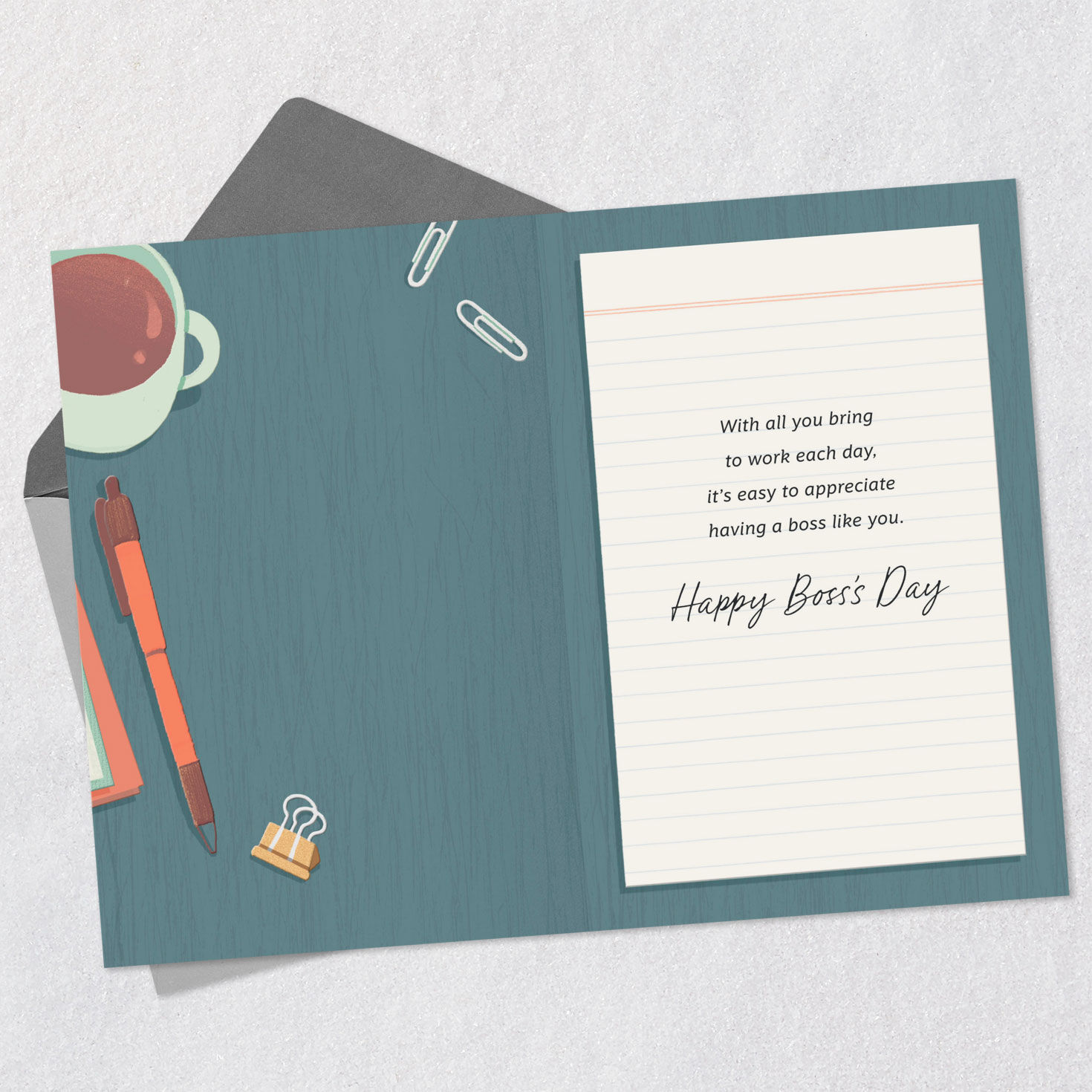 Notebook and Pencil Happy Boss's Day Card Open card with envelope image number 3