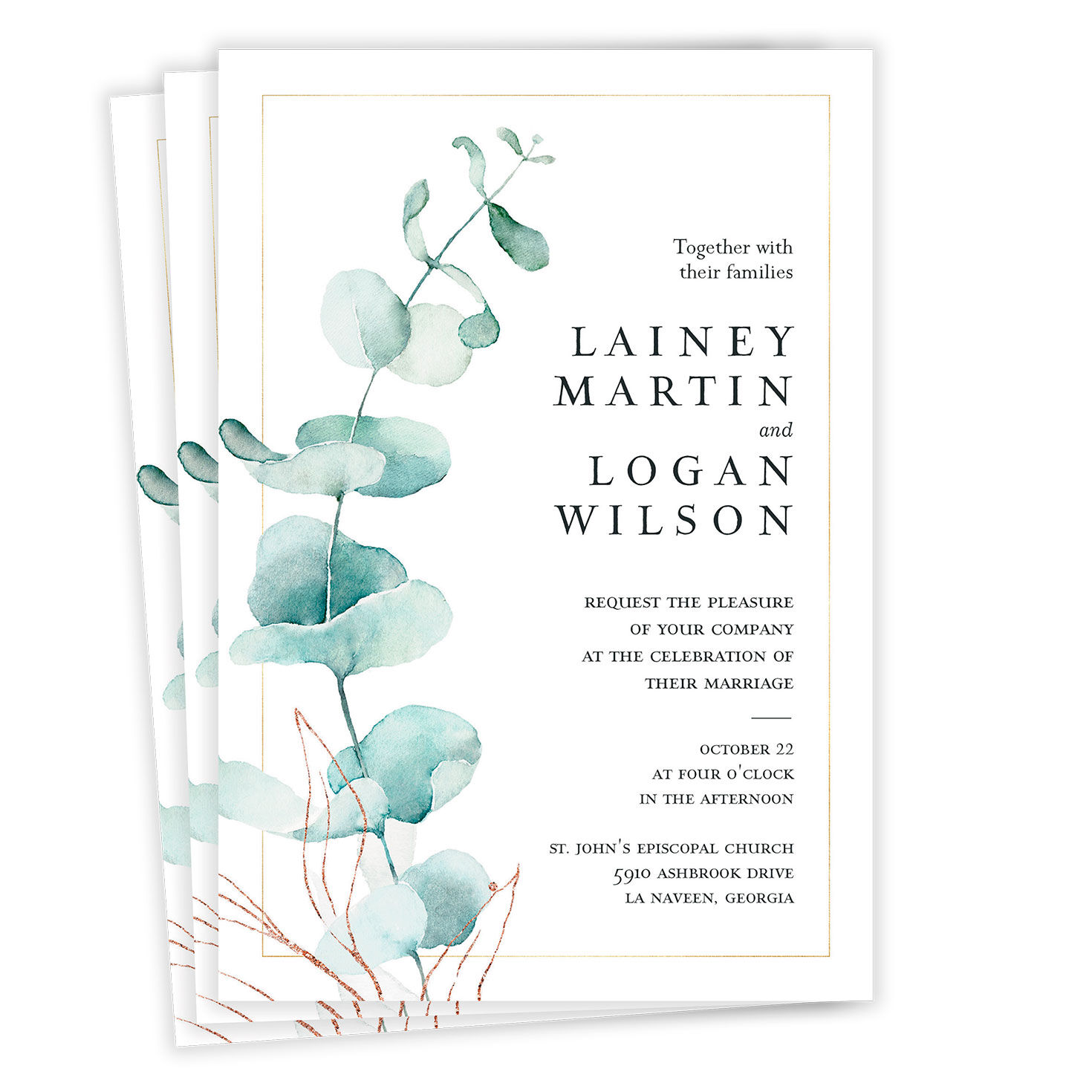 Watercolor Eucalyptus Wedding Invitation, , large image number 1