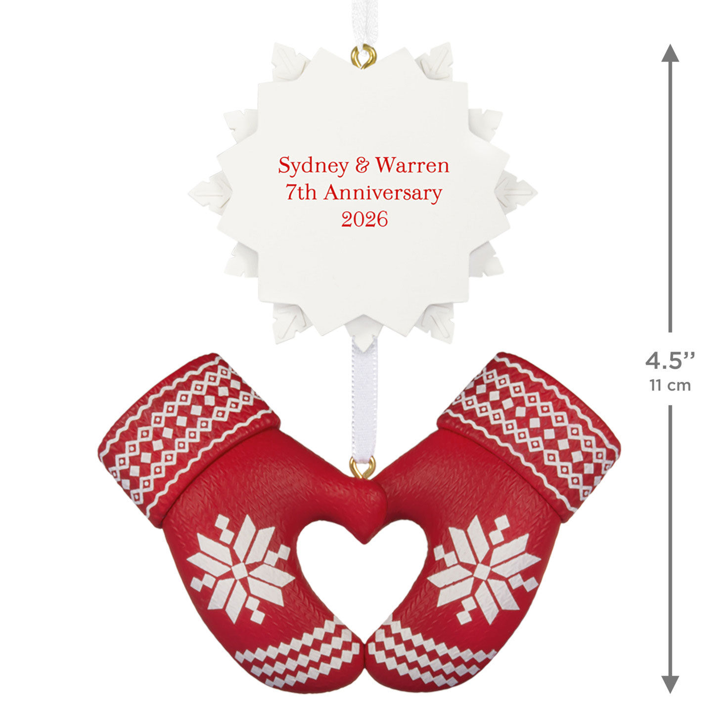 Red Mittens With Snowflake Personalized Ornament measurement image number 3
