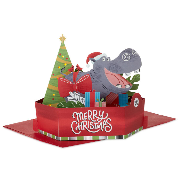Happy Hippo Under the Tree Musical 3D Pop-Up Christmas Card With Light