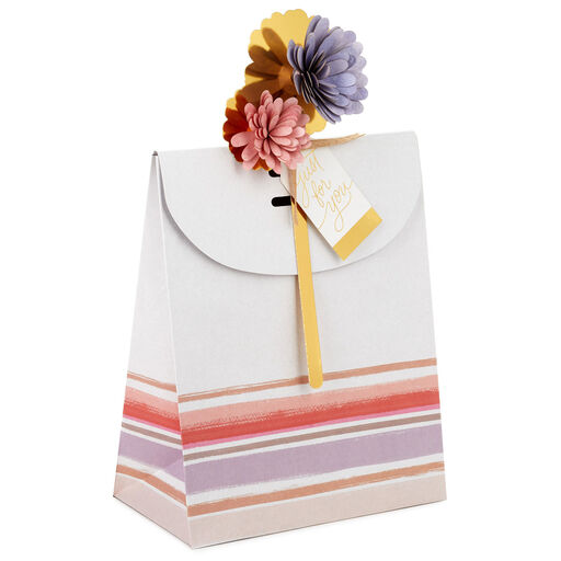 9.7" Striped Medium Fold-Top Gift Bag With Flower Pick, 