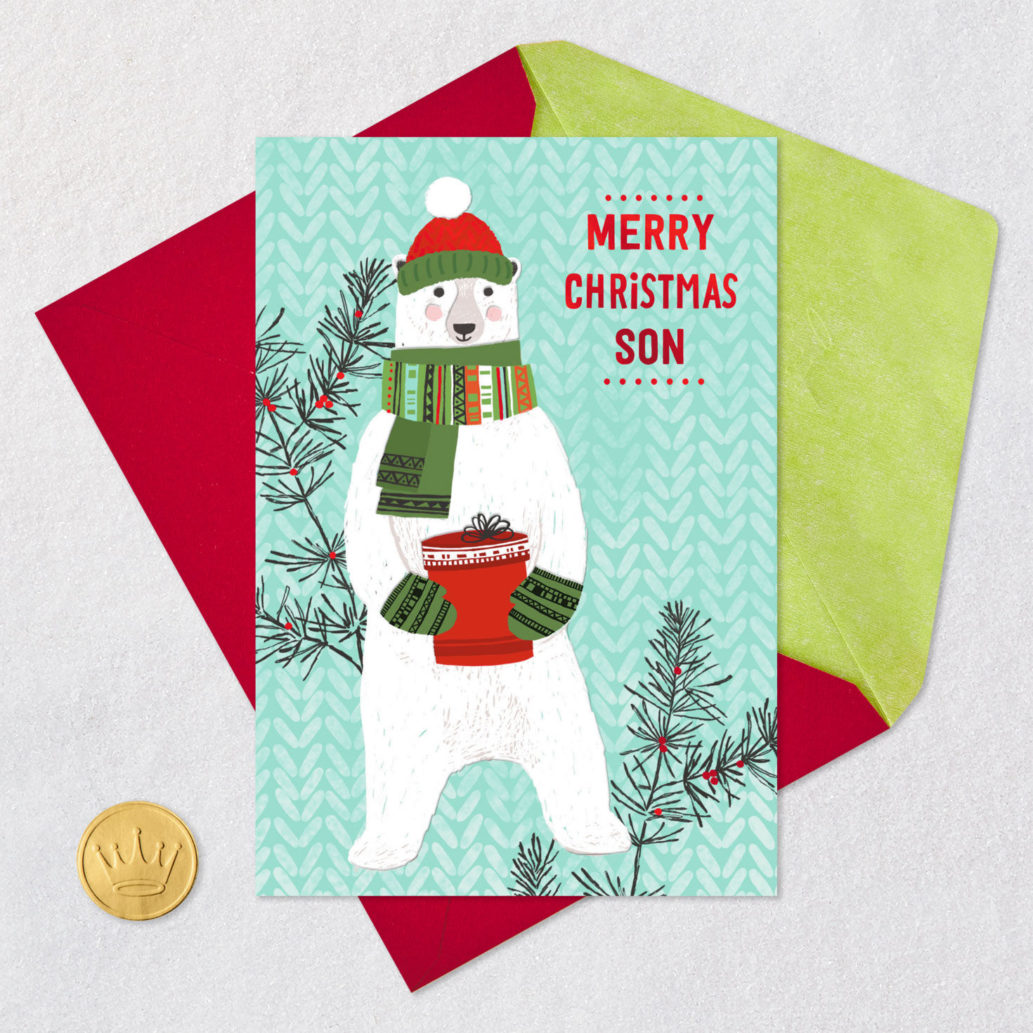 Polar Bear in Scarf Christmas Card for Son Card Front with Envelope and Gold Seal image number 5