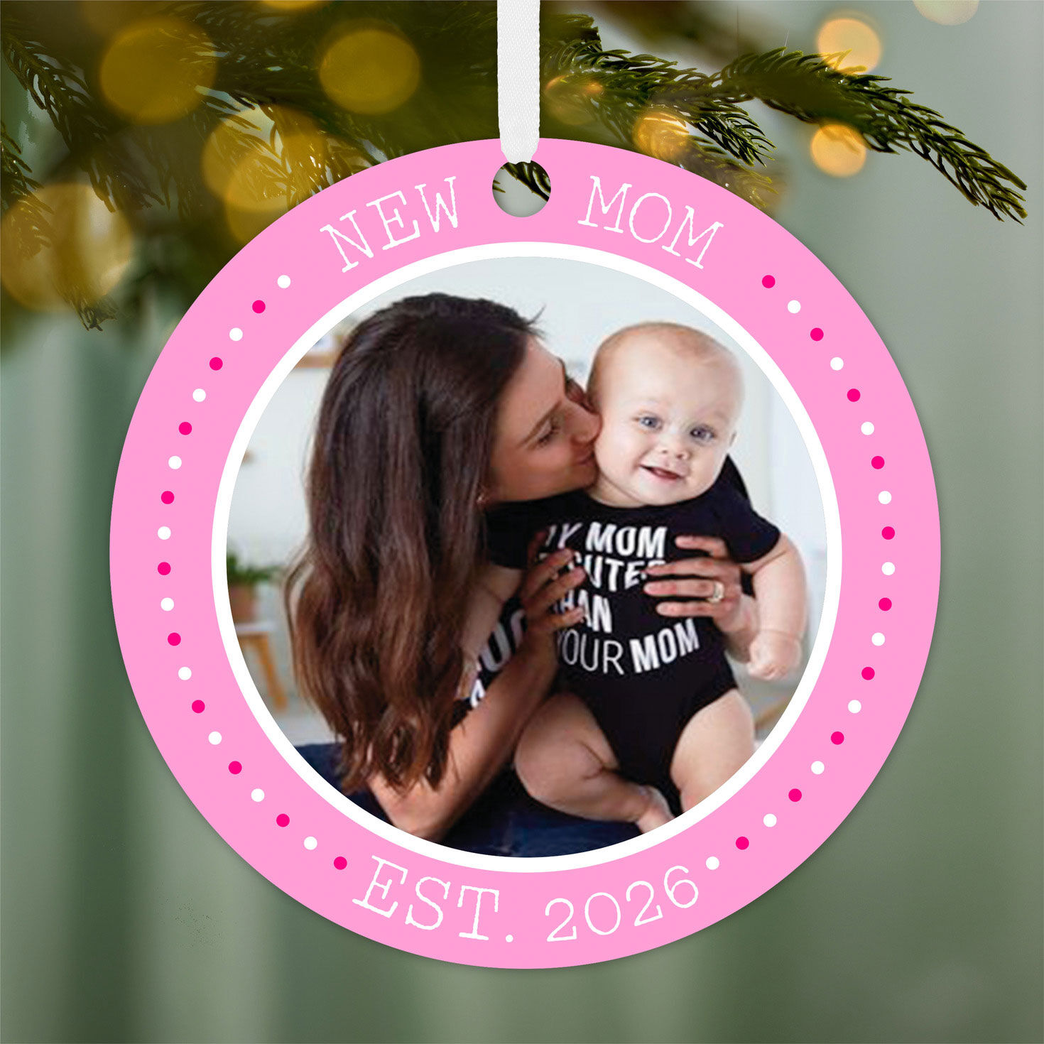 Round New Mom Personalized Ornament hanging on tree image number 2