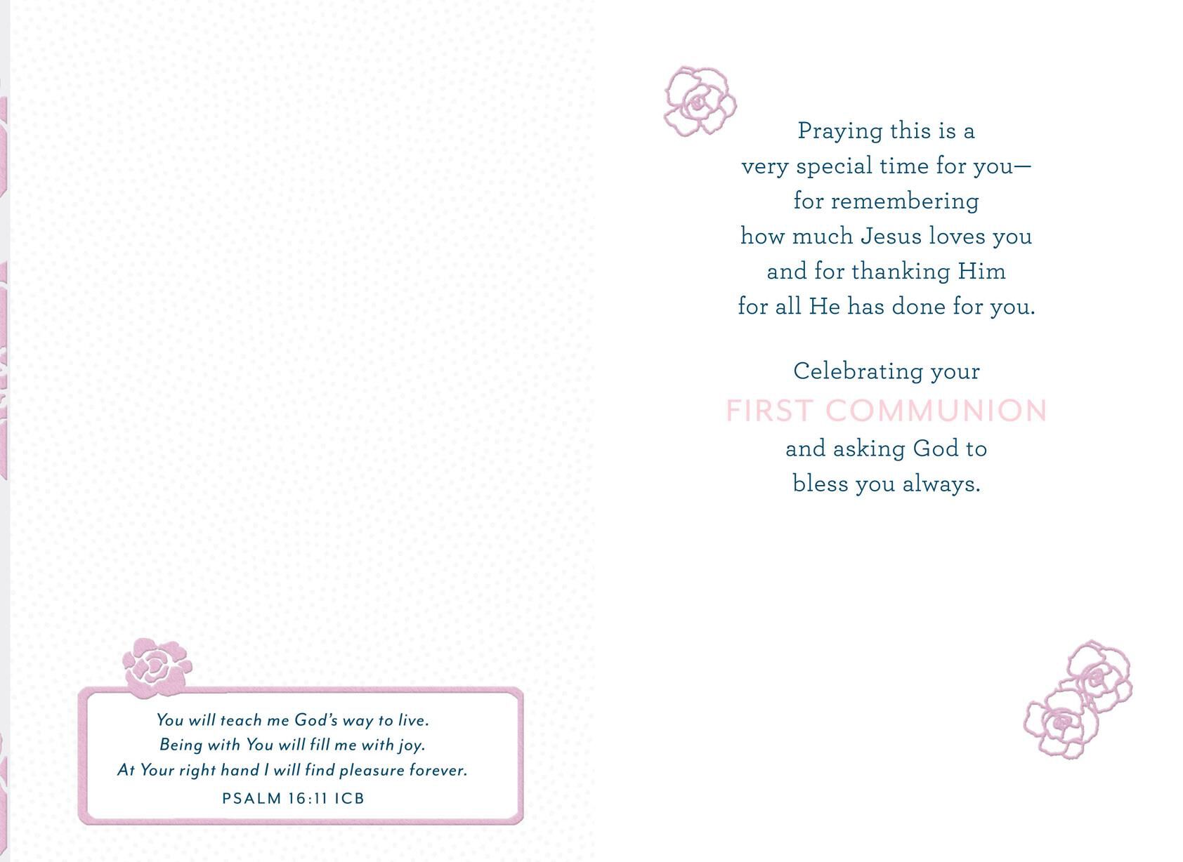Cross and Pink Flowers First Communion Card for Girl