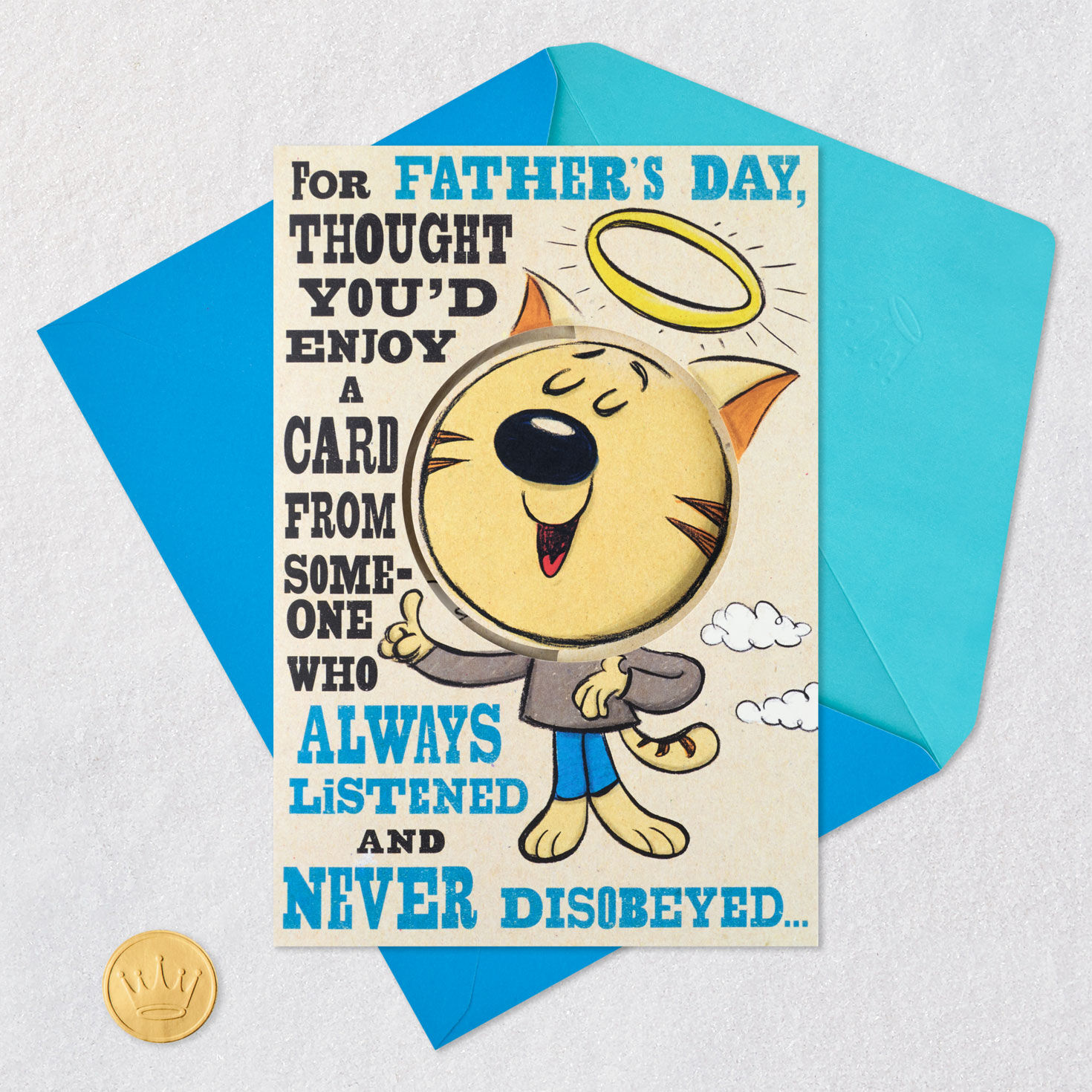 Cat With Halo Funny Pop-Up Father's Day Card for Dad Card Front with Envelope and Gold Seal image number 5