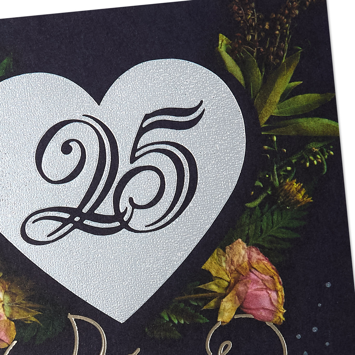 Pink Flowers and Silver Heart on Navy Anniversary Card Card Front Detail image number 5