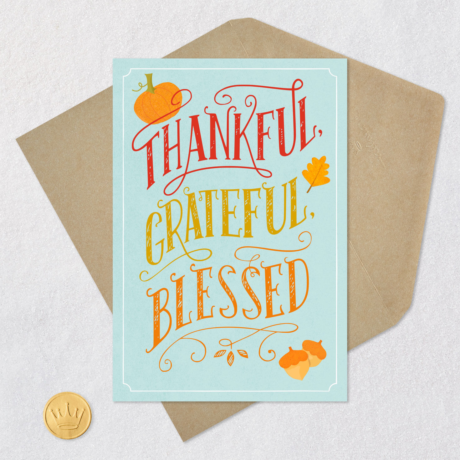 Acorns and Pumpkins Vintage Thanksgiving Card Card Front with Envelope and Gold Seal image number 5