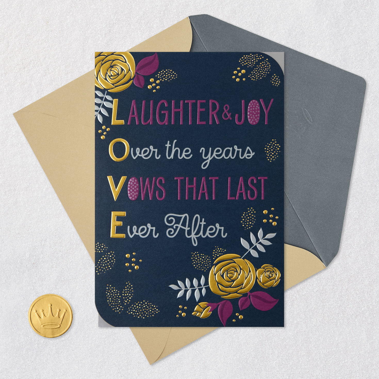 Gold and Purple Flowers and Letters on Navy Anniversary Card Card Front with Envelope and Gold Seal image number 5