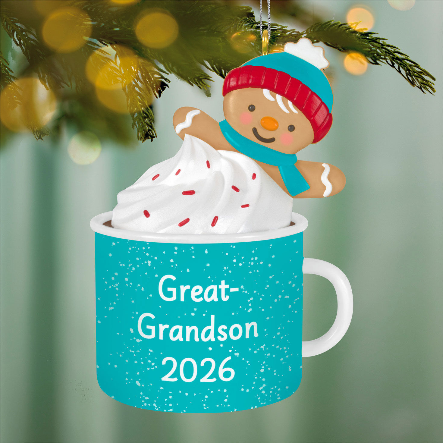 Great-Grandson Blue Mug Keepsake Ornament hanging on tree image number 2