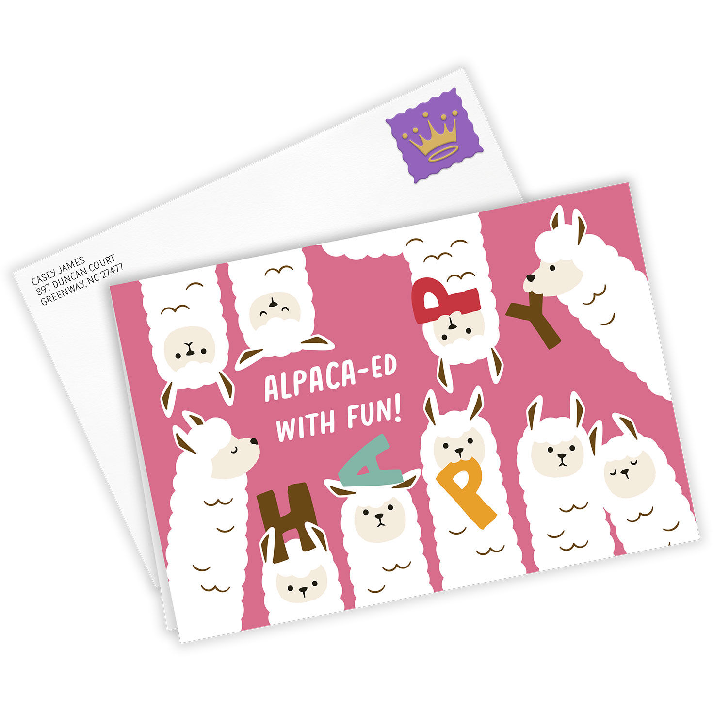 White Alpacas on Pink Personalized Birthday Card Card Front with Envelope image number 2