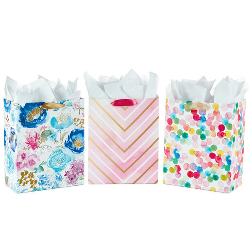 13" Watercolor 3-Pack Assorted Gift Bags With Tissue, 