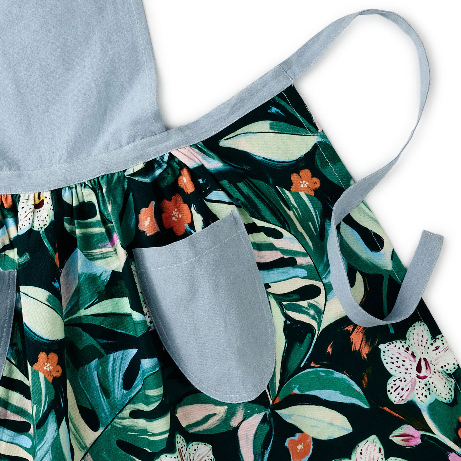 Blue Chambray and Green Floral Apron With Pockets upclose view image number 4