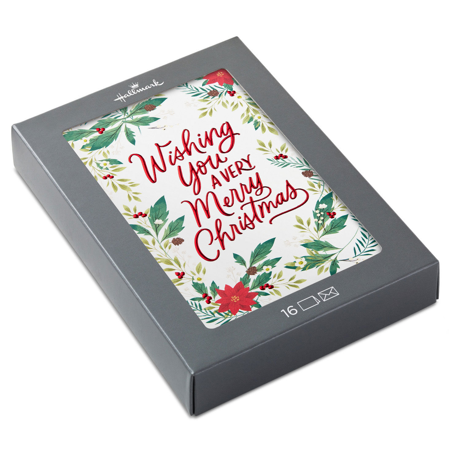 Festive Poinsettias and Boughs Boxed Christmas Cards, Pack of 16