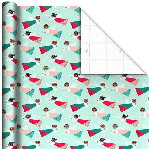 Flying Angels on Mint Christmas Wrapping Paper, 35 sq. ft., 