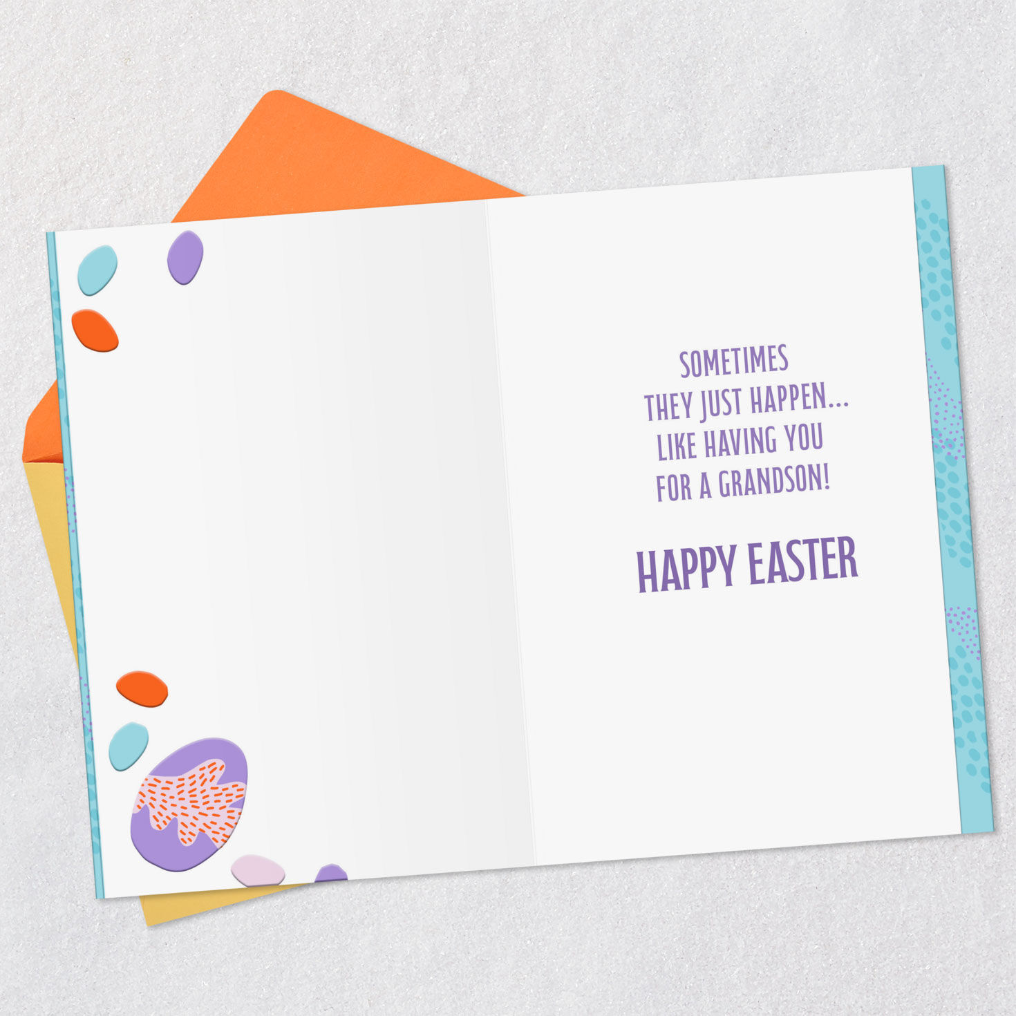 Orange and Blue Eggs on Purple Easter Card for Grandson Open card with envelope image number 3