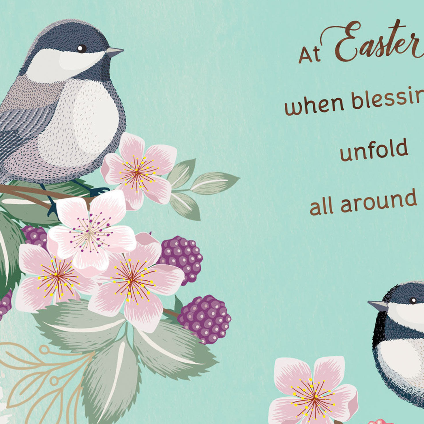 Painted Birds and Berries on Mint Green Easter Card Card Front Detail image number 4