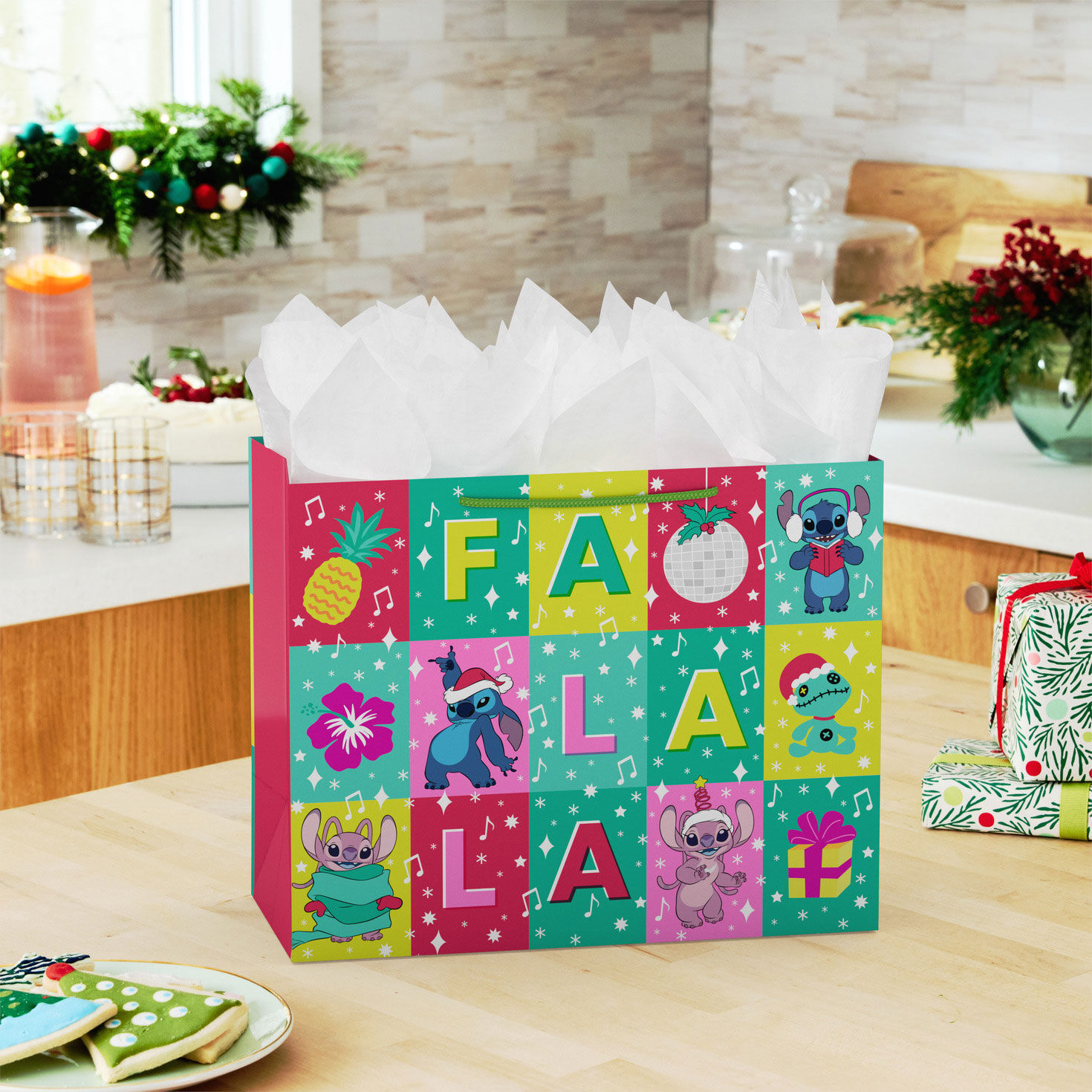 Teal and Pink Stitch Large Holiday Gift Bag in use image number 2
