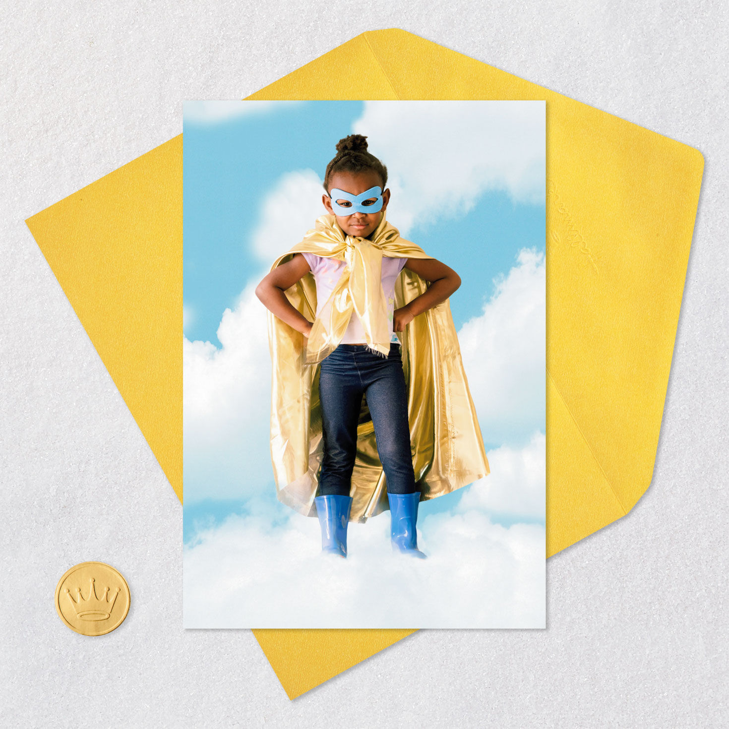 Girl in Super Hero Mask and Cape Funny Birthday Card Card Front with Envelope and Gold Seal image number 5