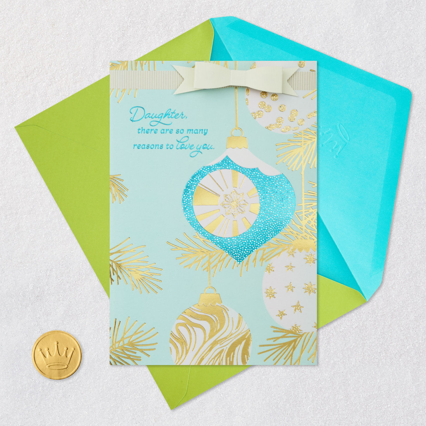 Teal Gold Ornaments Christmas Card for Daughter Card Front with Envelope and Gold Seal image number 6