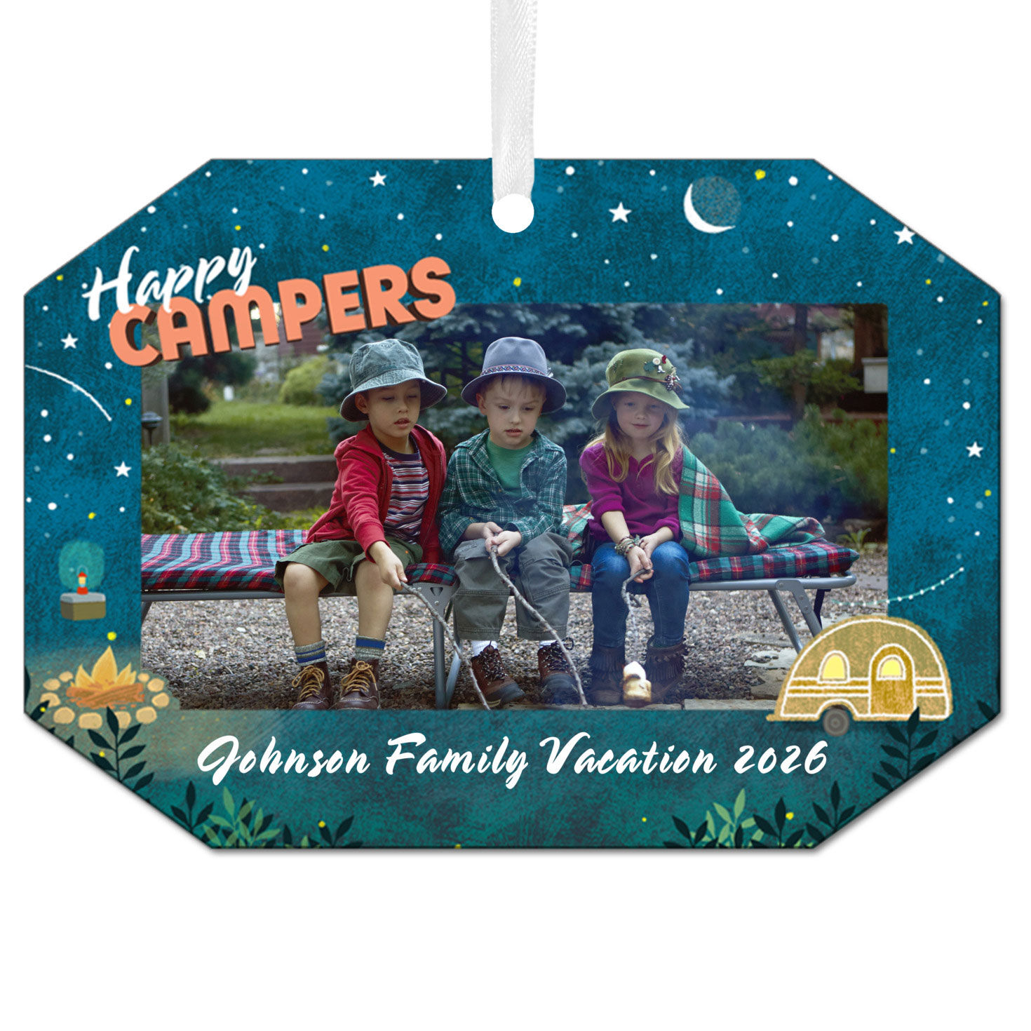 Happy Campers Metal Personalized Ornament, Custom Photo and Text