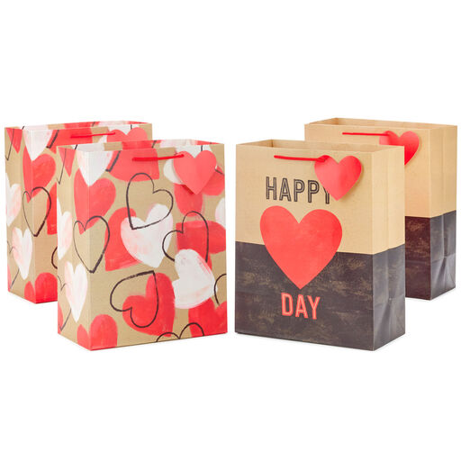 13" Happy Heart Day and Painted Hearts 4-Pack Large Valentine's Day Gift Bags, 