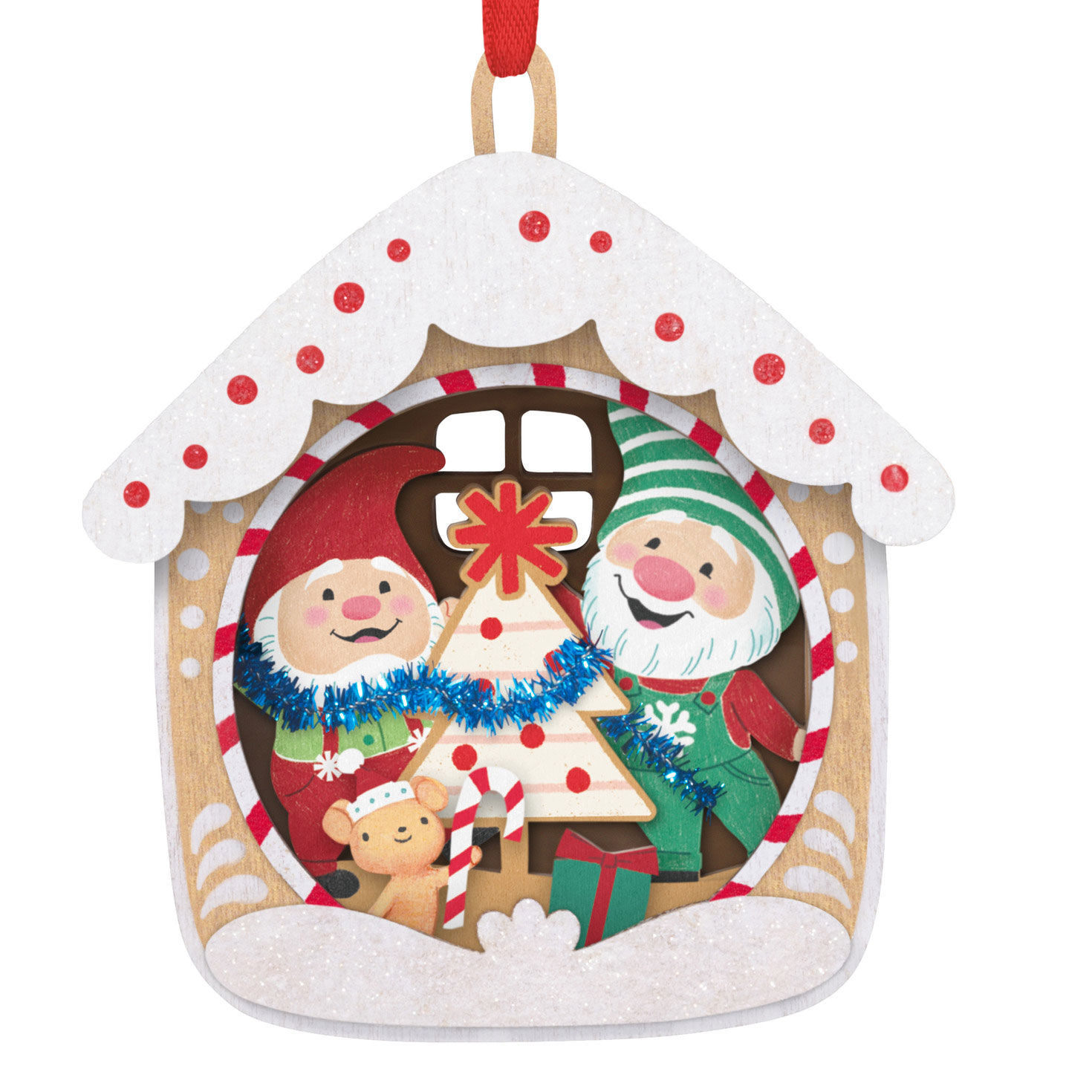 Gnomes Decorating Tree in House Keepsake Ornament closeup view image number 5