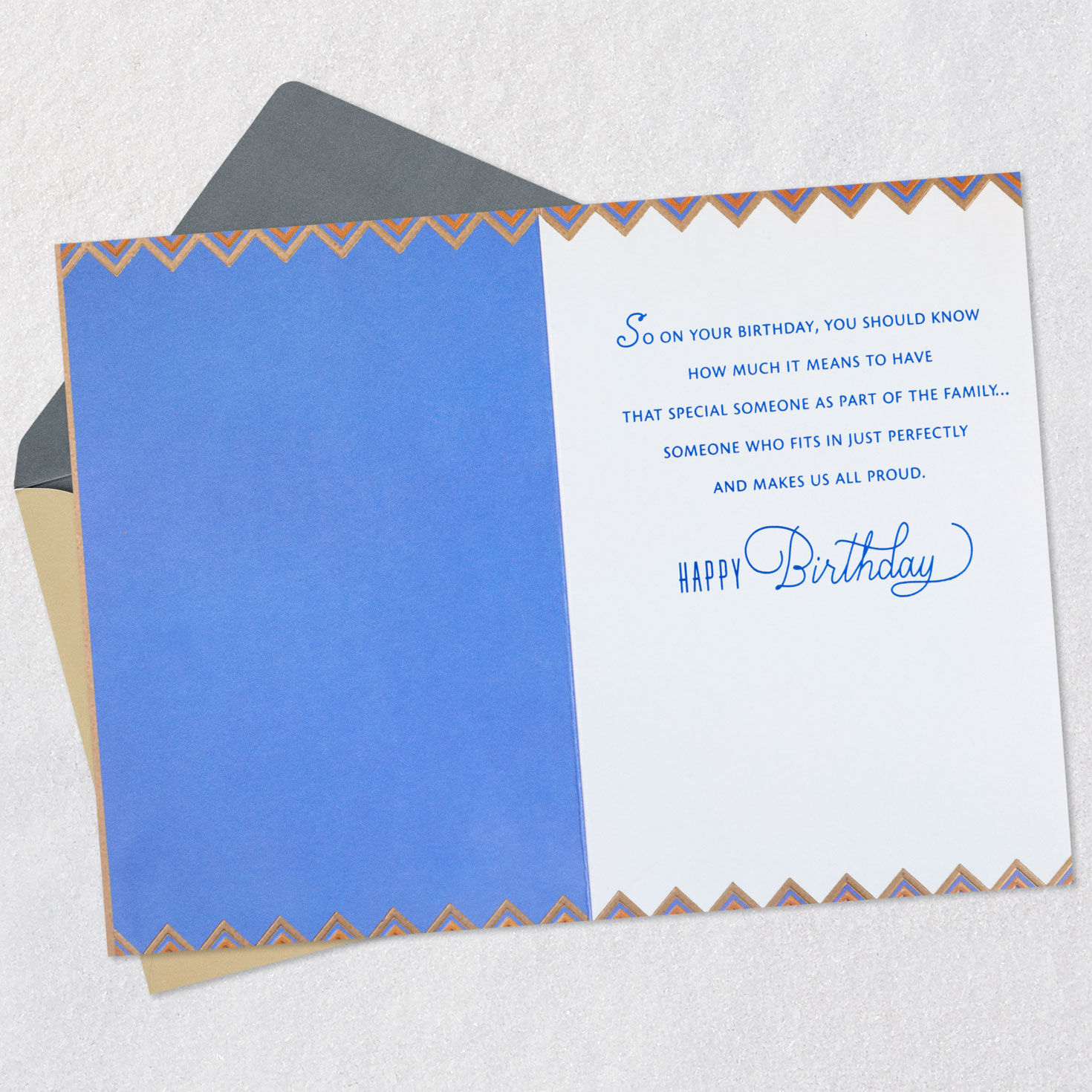 Geometric Blue and Tan Son-in-Law Birthday Card Open card with envelope image number 3