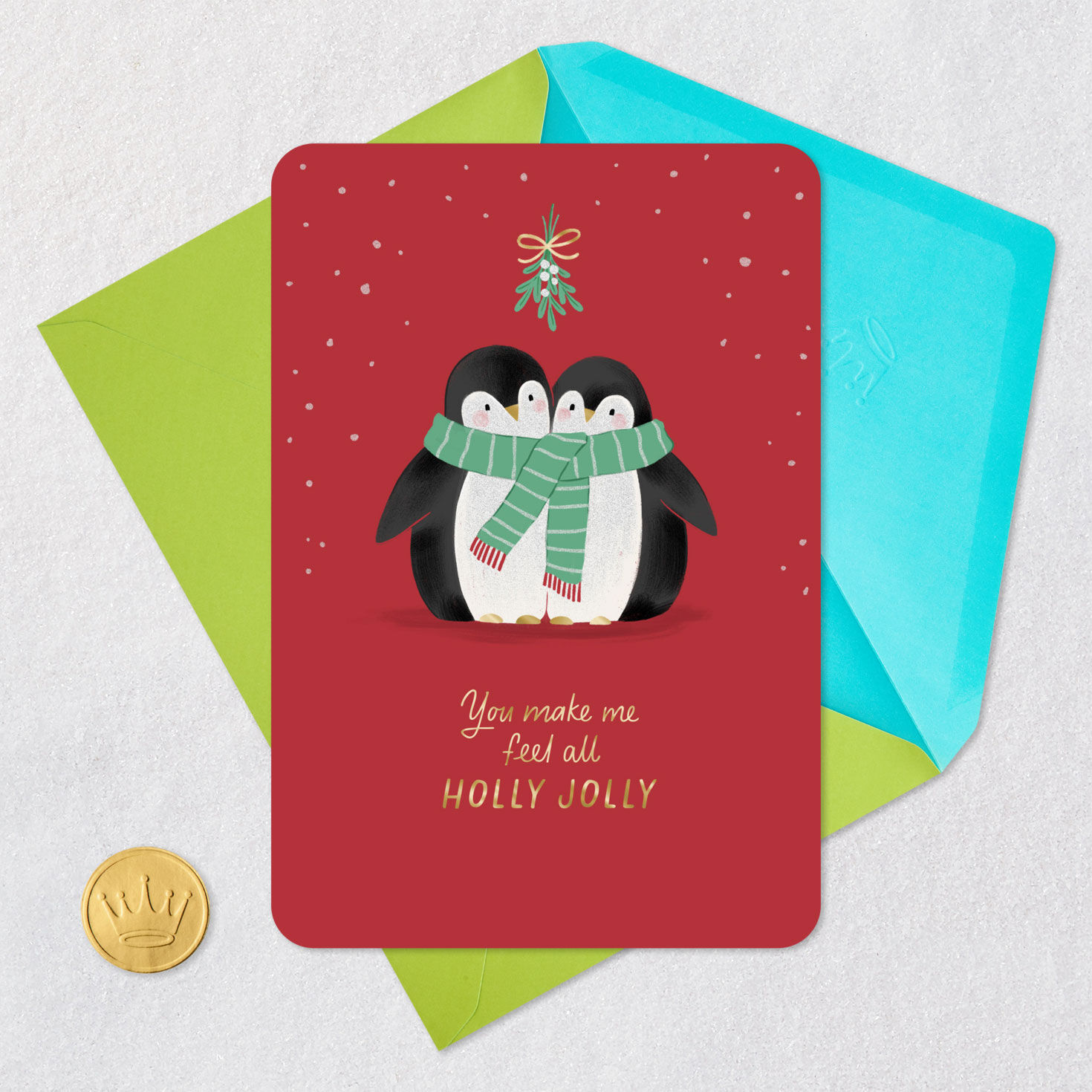 Penguin Mistletoe Christmas Card for Partner Card Front with Envelope and Gold Seal image number 5