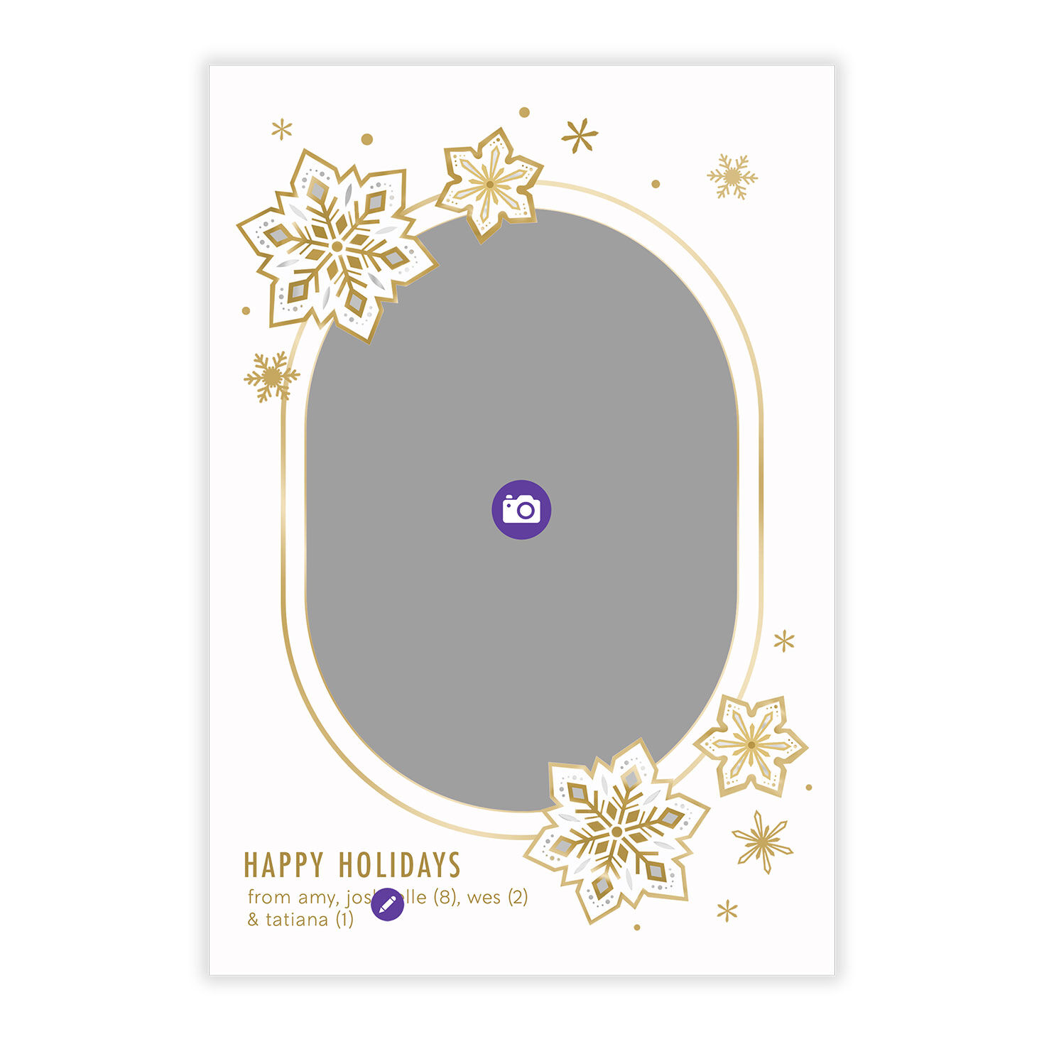 Gold Snowflakes Oval Photo Personalized Holiday Card Card Front indicating personalization image number 5