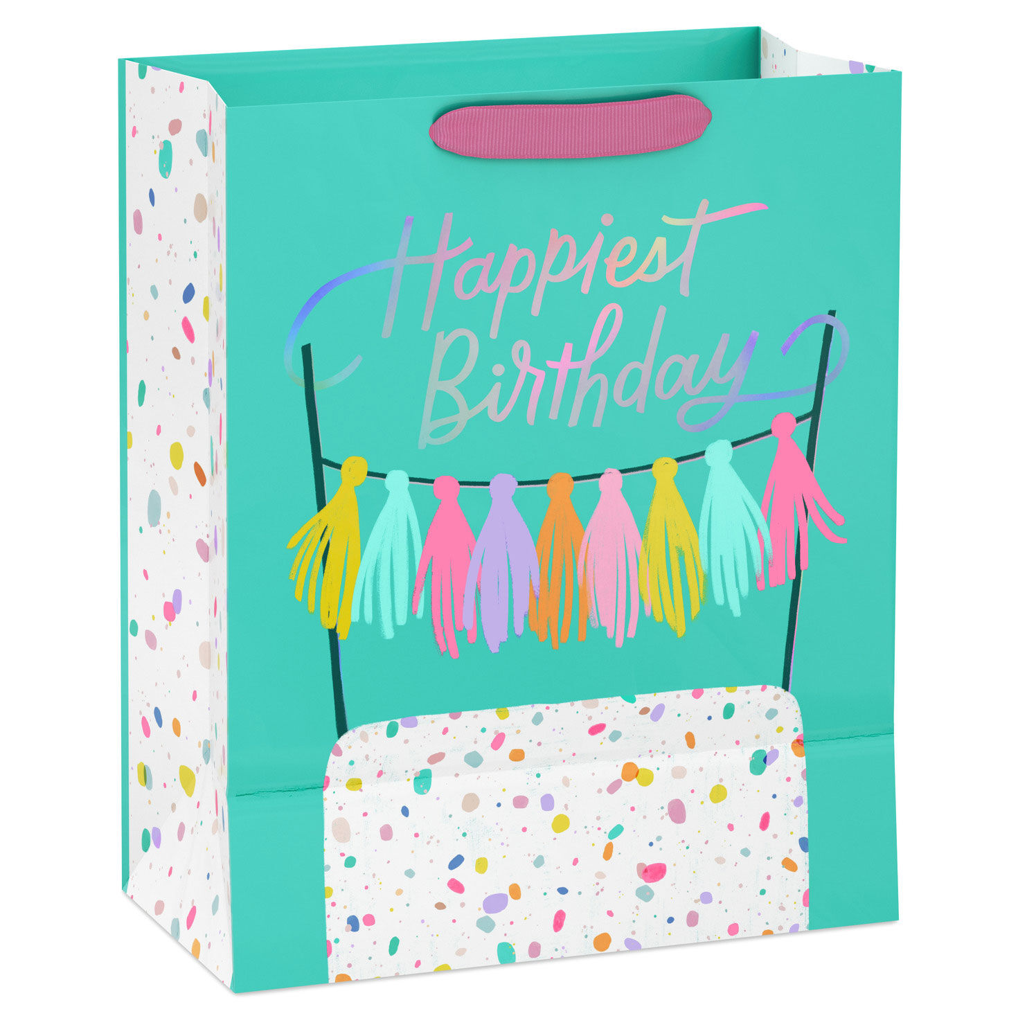Happiest Birthday With Cake on Teal Large Gift Bag back image number 6