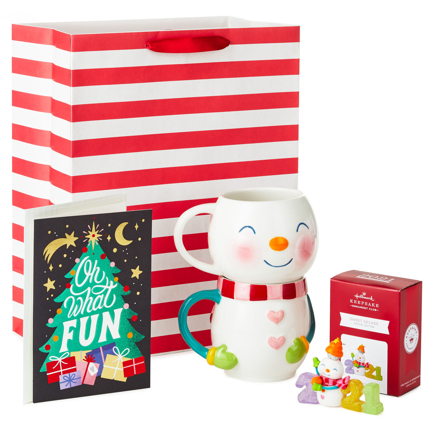 Hallmark 2021 Christmas Bag With Purchase Hallmark Sweet Decade 2021 Keepsake Ornament Snowman Stacking Mugs And Christmas Card Bundle In Gift Bag Mugs Teacups Hallmark