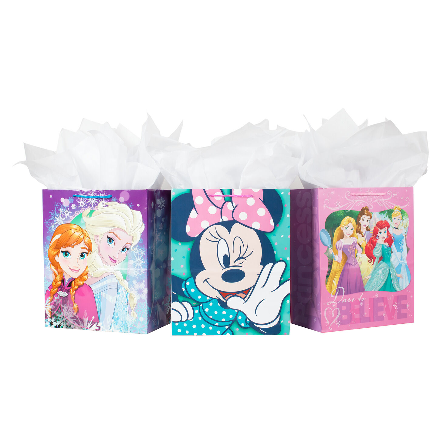 13" Disney Princess, Frozen 2 and Minnie Mouse 3-Pack Assorted Gift Bags With Tissue