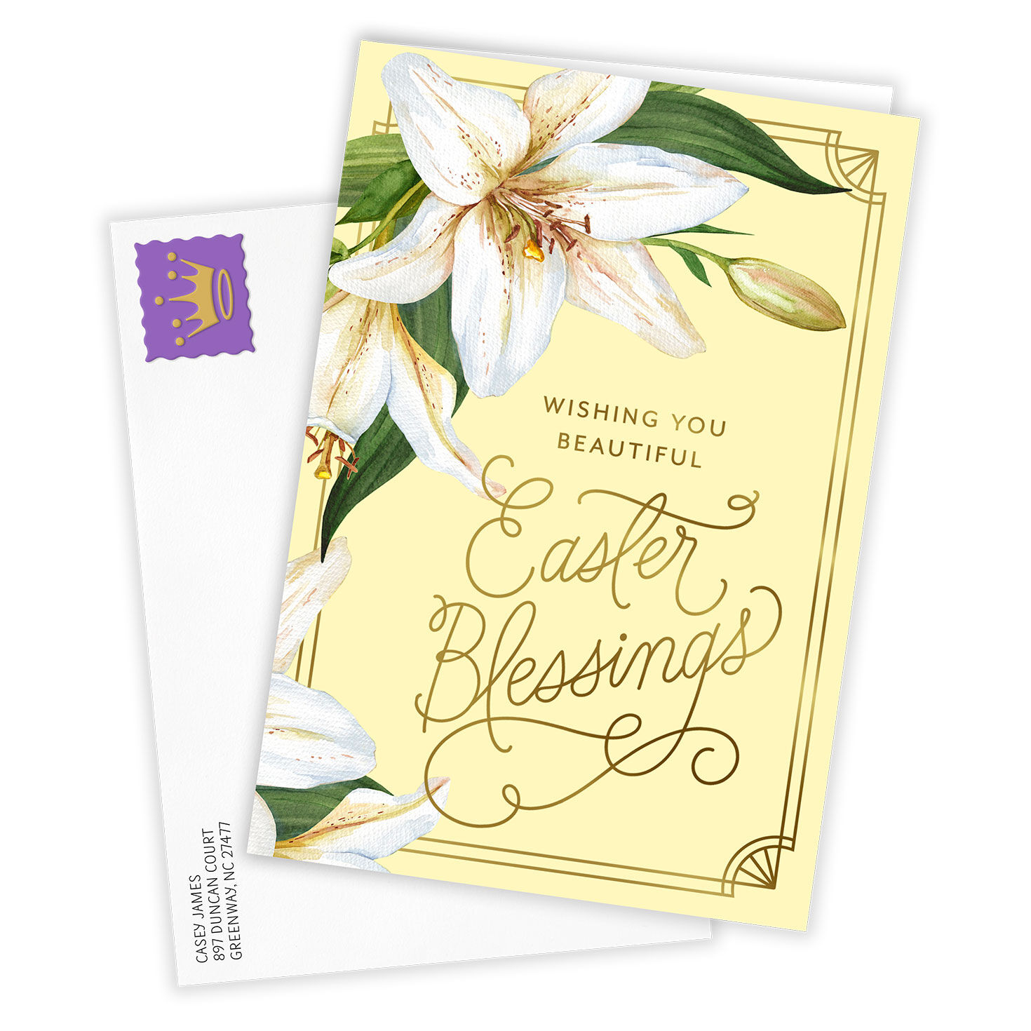 White Lily Drawing Personalized Easter Card Card Front with Envelope image number 2