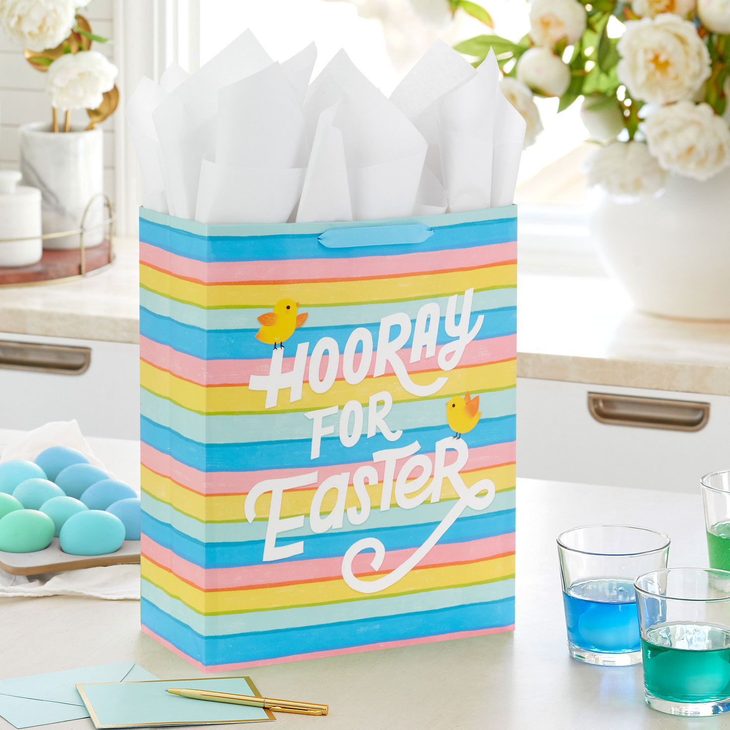15.5" Chicks and Colorful Stripes XL Easter Gift Bag With Tissue Paper, , large image number 2