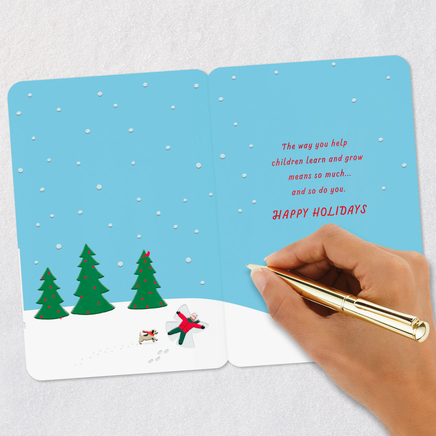 Snowman with Kid and Dog Child Caregiver Christmas Card Signing card image number 6