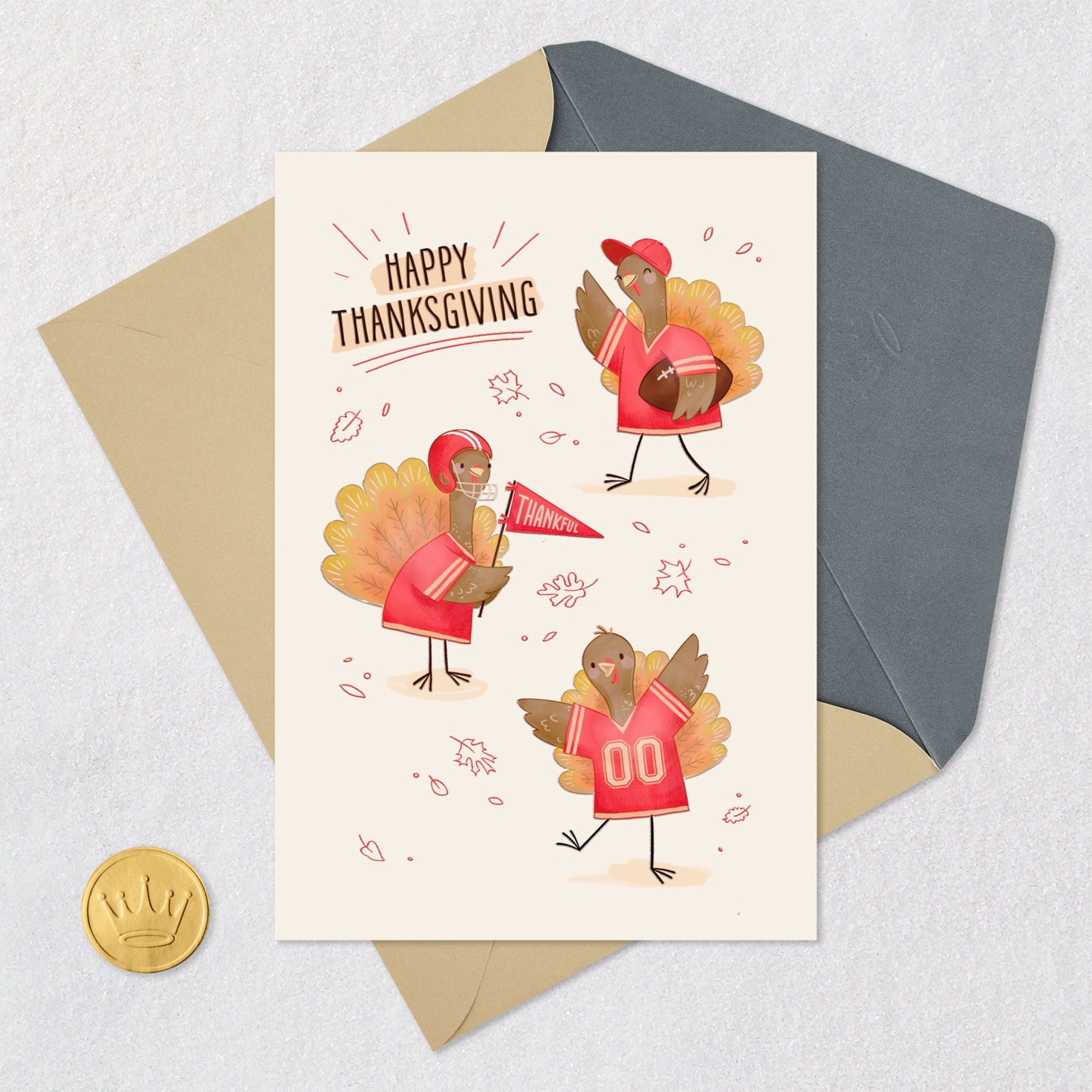 Turkey Football Team Thanksgiving Card Card Front with Envelope and Gold Seal image number 5
