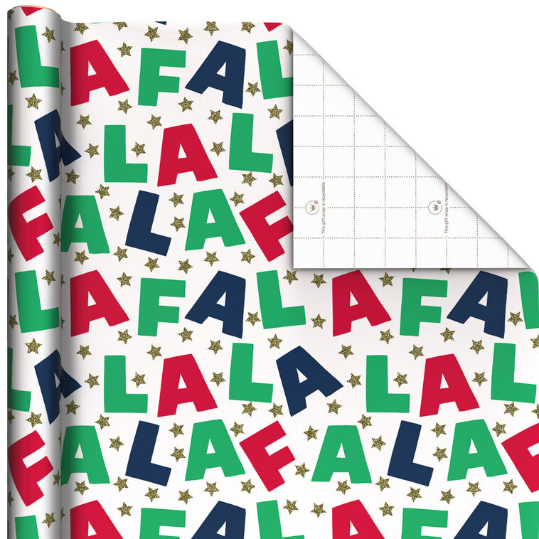 Colorful Fa La La on White Christmas Wrapping Paper Roll, 35 sq. ft.