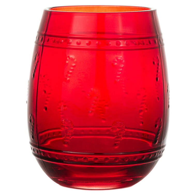 Embossed Candy Canes Red Stemless Wine Glass, 17 oz.