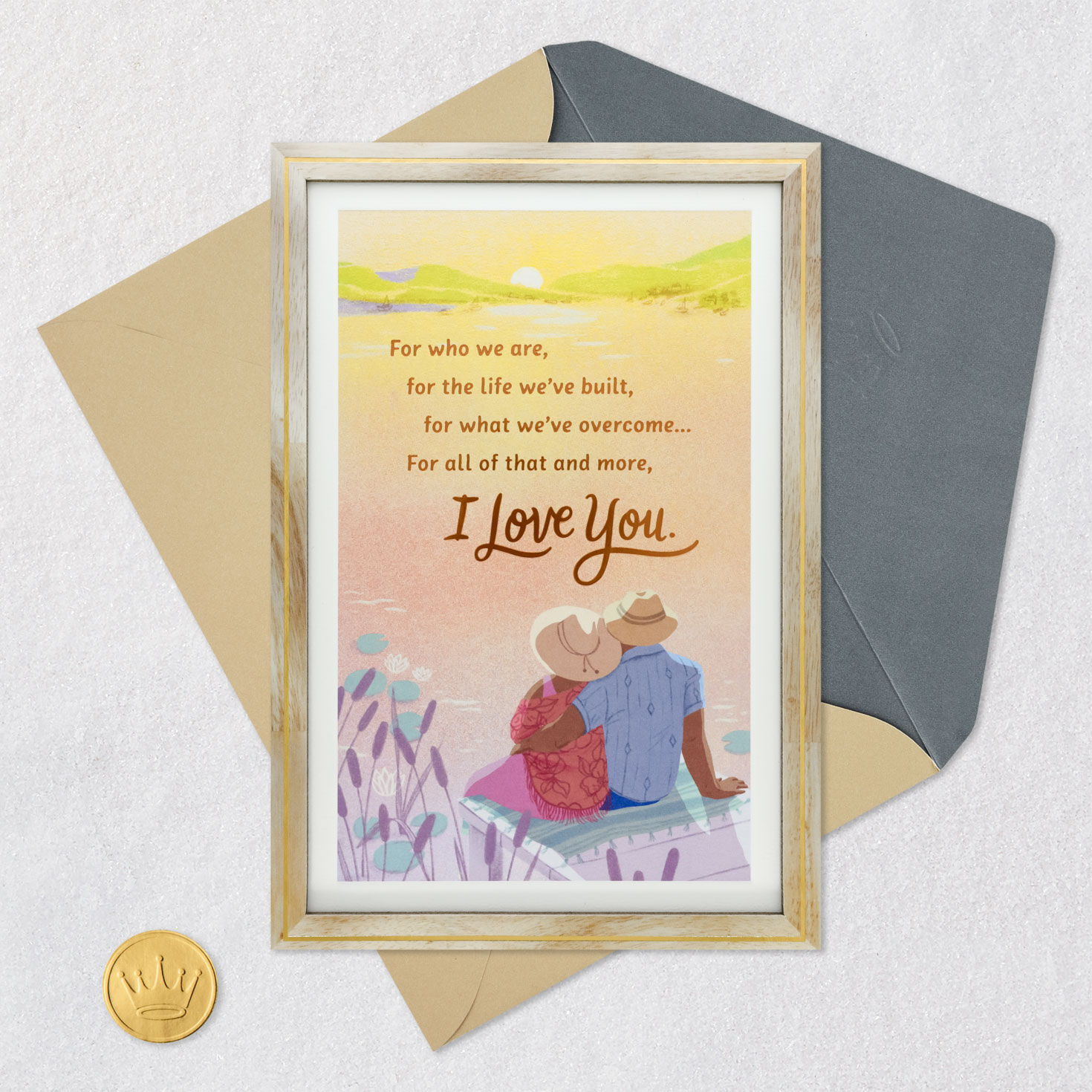 Couple Watching Sunset on Dock Our Anniversary Card Card Front with Envelope and Gold Seal image number 6
