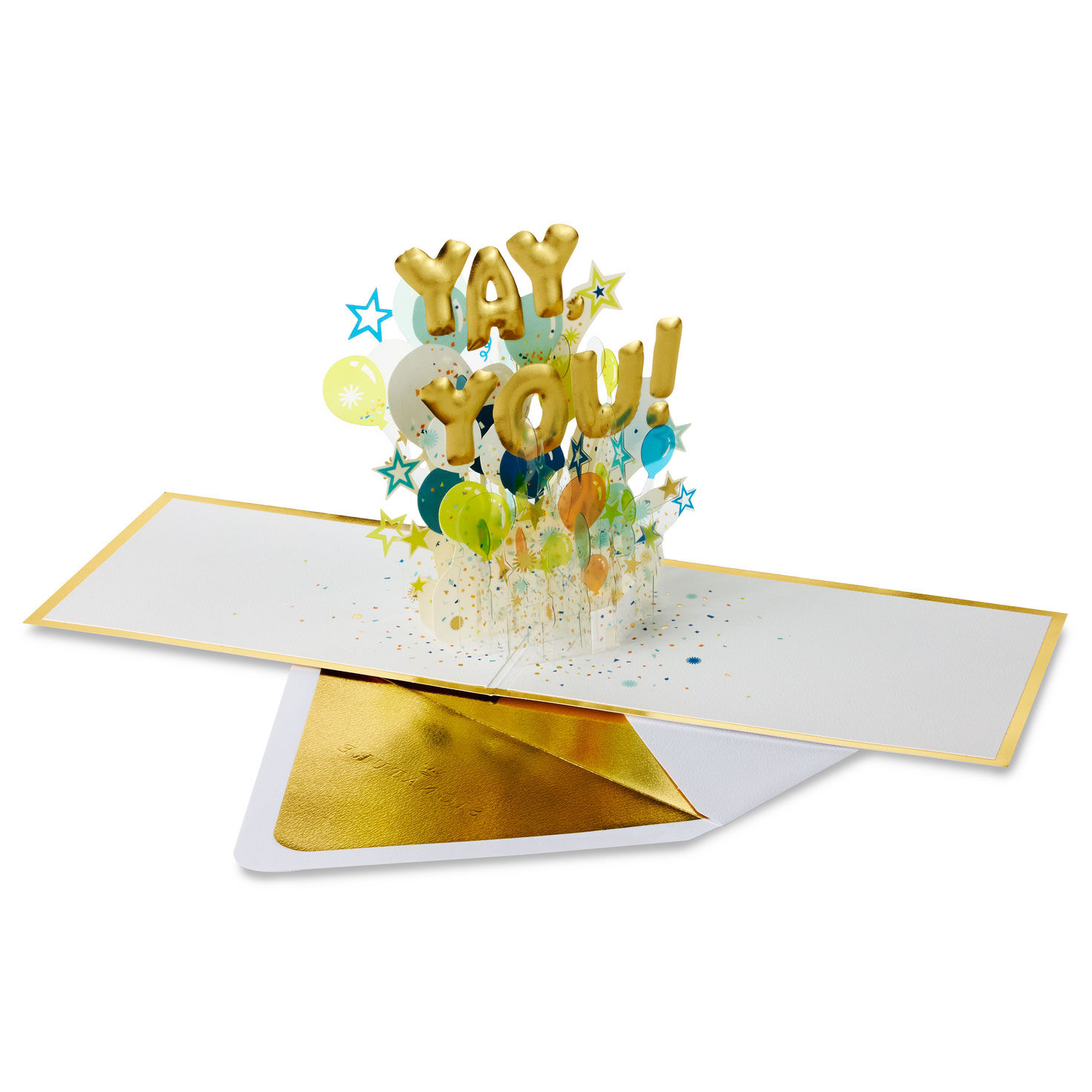 Gold Yay You Balloons Pop-Up Congratulations Card Open card with envelope image number 2