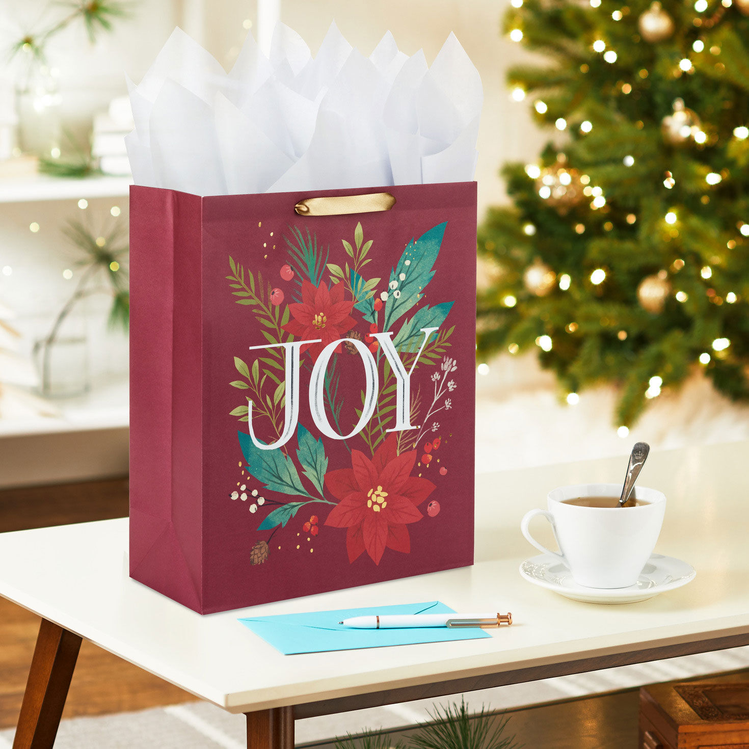 15.5 Joy on Poinsettias Extra Large Christmas Gift Bag Gift Bags Hallmark