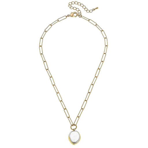 Worn Gold Paperclip Chain Pearl Necklace, 16", 