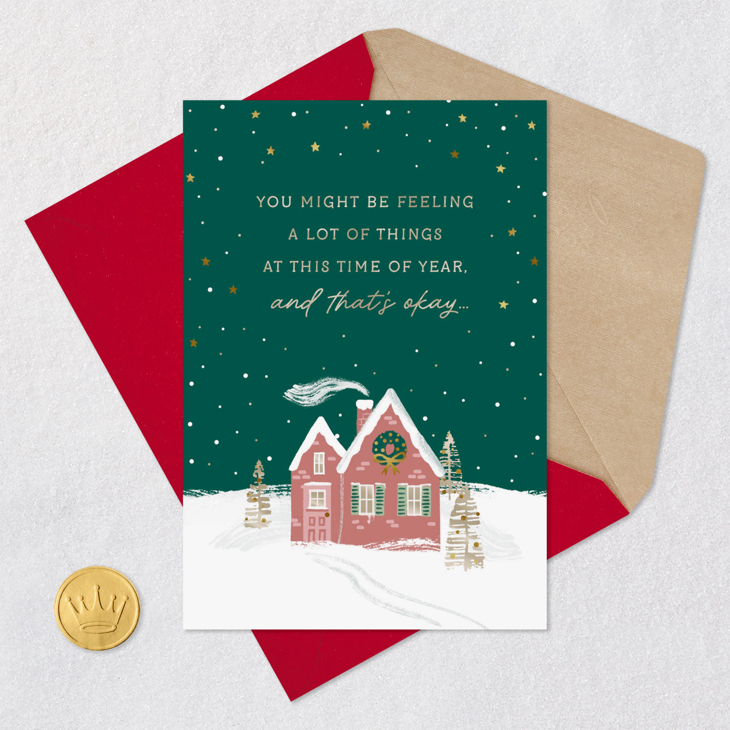 Snowy Cottage Supportive Christmas Card Card Front with Envelope and Gold Seal image number 5