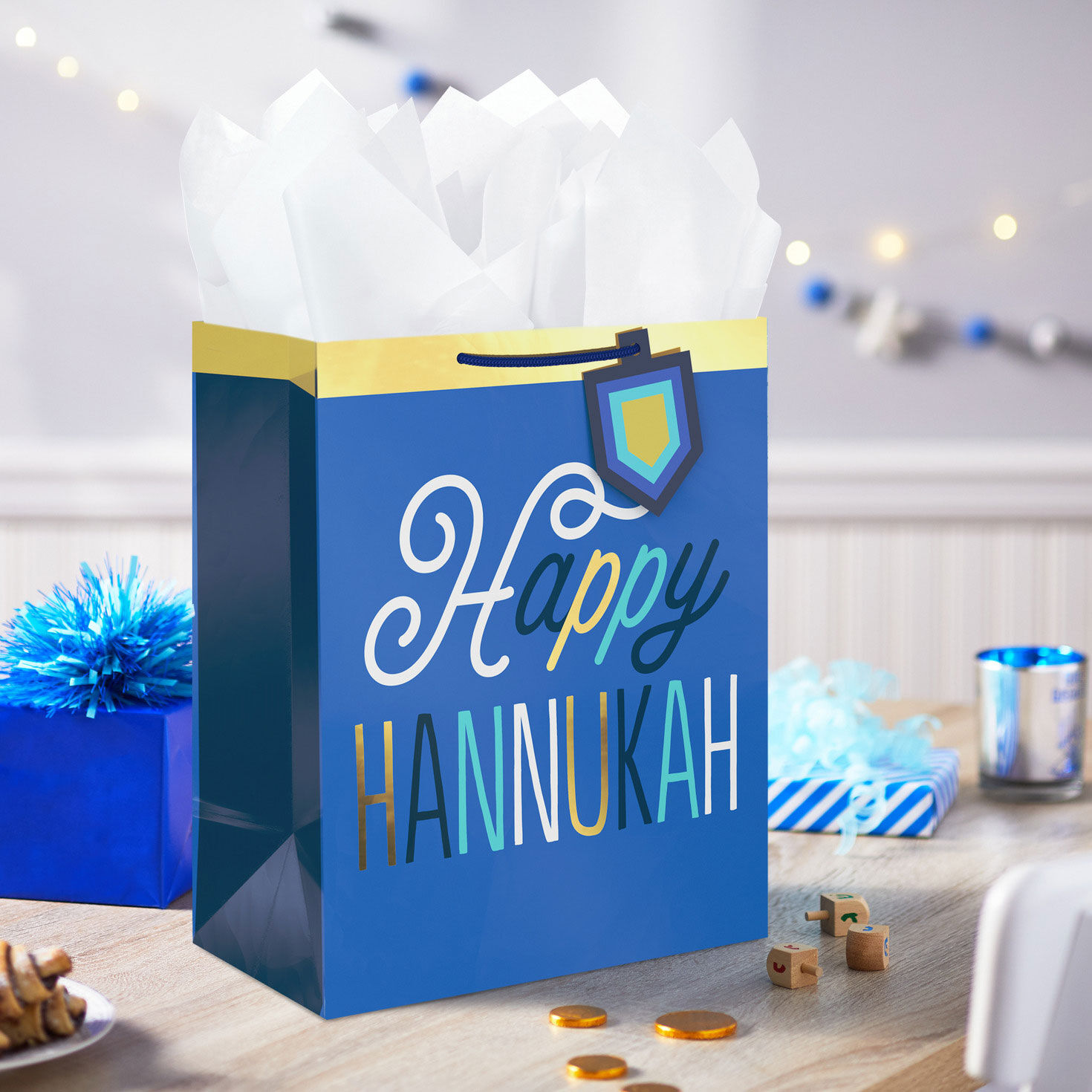Fun Lettering on Blue Large Hanukkah Gift Bag in use image number 2
