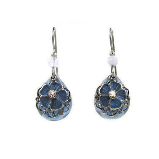 Silver Forest Blue Small Teardrop With Flower Layered Drop Earrings, 