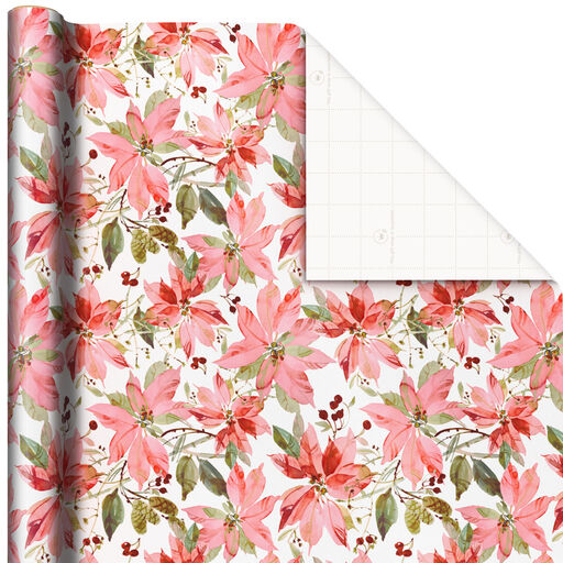 Watercolor Poinsettias on White Christmas Wrapping Paper, 40 sq. ft., 
