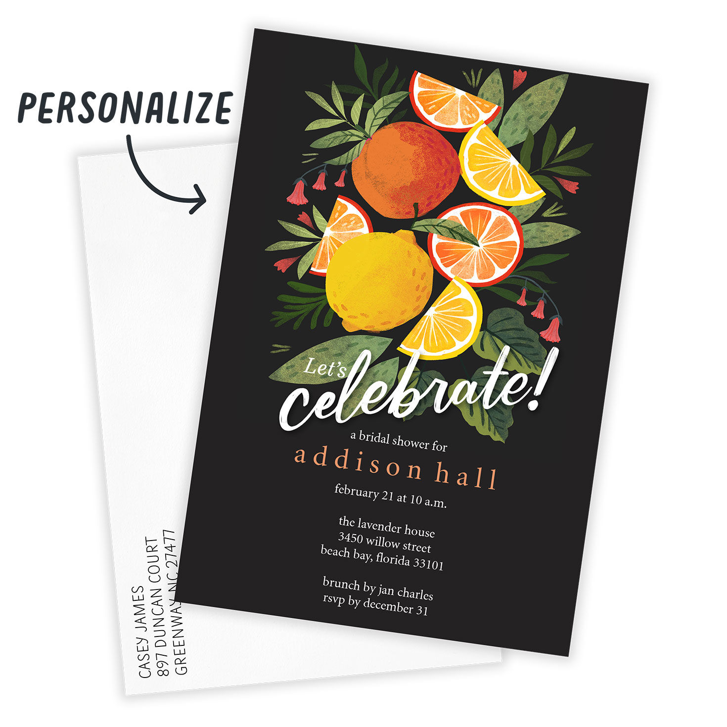Citrus on Black Personalized Shower Invitation Card front with Envelope indicating personalization image number 2