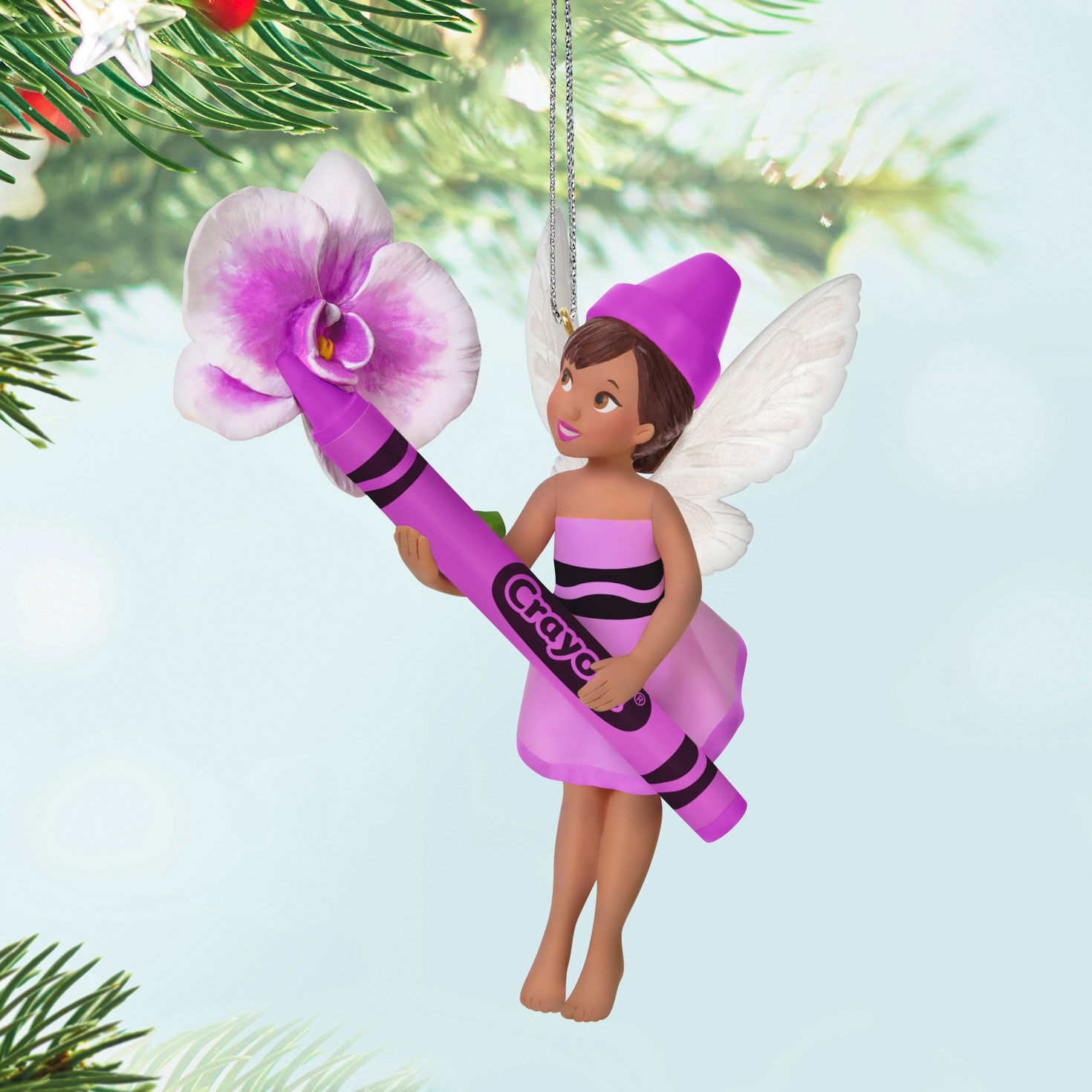 Pink Fairy With Crayon Keepsake Ornament Hanging on tree image number 2