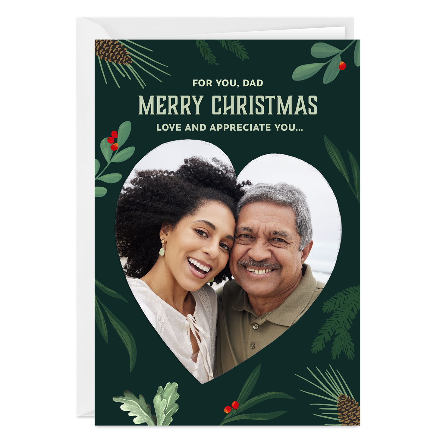 Evergreen and Heart Custom Christmas Card for Dad