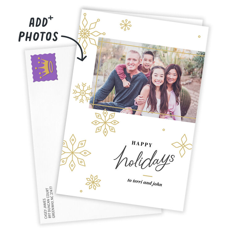 Gold Snowflakes Personalized Holiday Photo Card Card Front indicating personalization image number 2